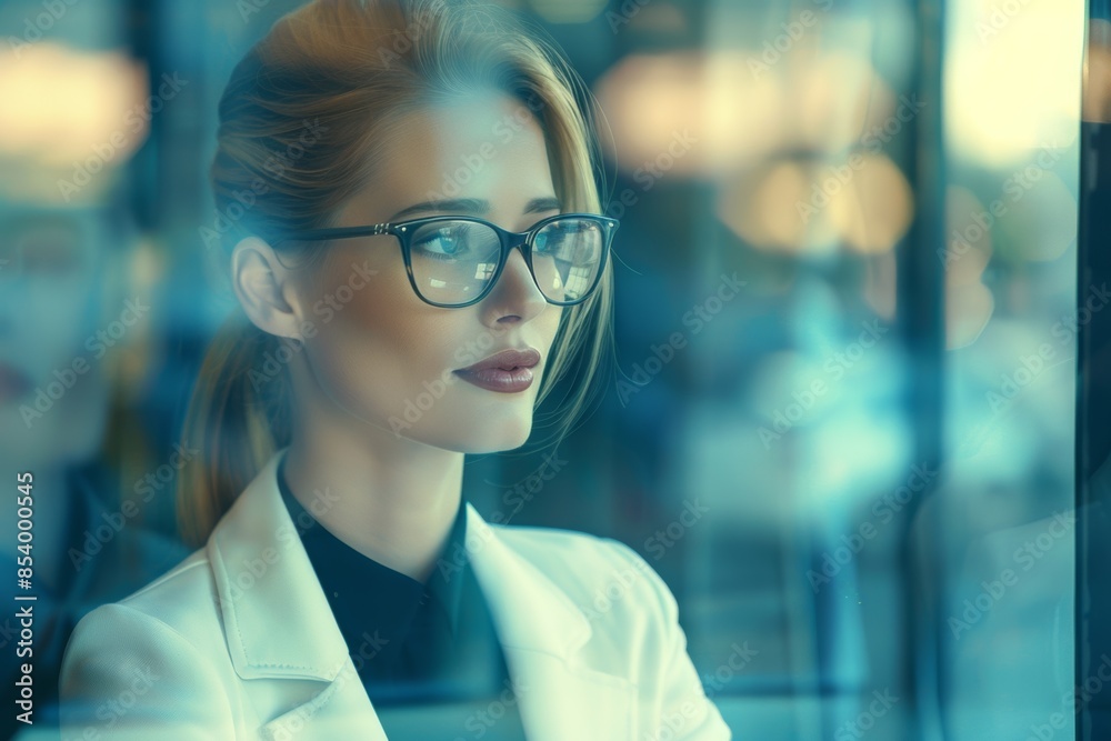 Professional young adult woman gazing through glass in urban setting Professional young adult woman gazing through glass in urban setting