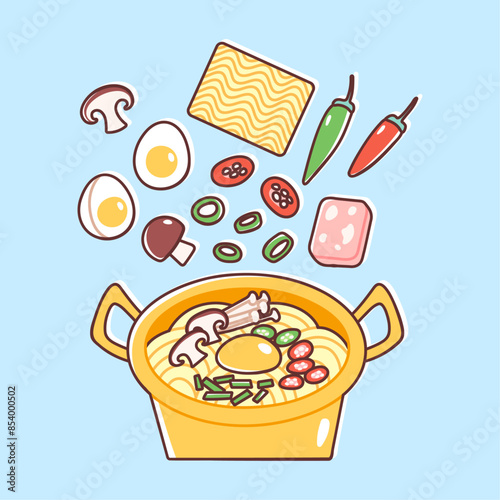 Cooking instant ramen in a golden pot. Vector illustration of ingredients for Asian noodles recipe. Chili, ham, scallions, eggs and mushrooms added to ramen. Colorful flat style.