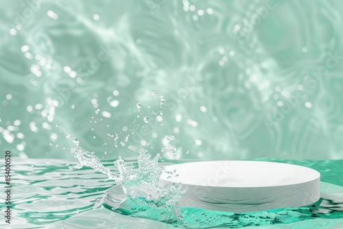 White circle podium on green water with waves. Nature background.