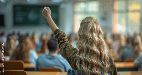 A young woman with long blonde hair raises her hand in a classroom setting. She is sitting at a desk, and other students are visible in the background.