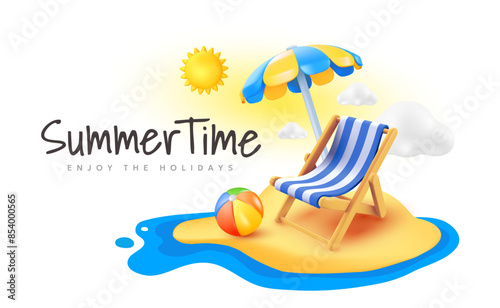 Vector summer illustration of chair with umbrella and ball on sunny beach background. 3d style cartoon design of summer holidays. Time to vacation travel