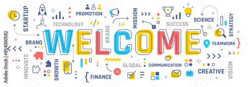 Vector creative illustration of word welcome typography with line icon and word cloud on white color background. Business infographic concept. Line art style design