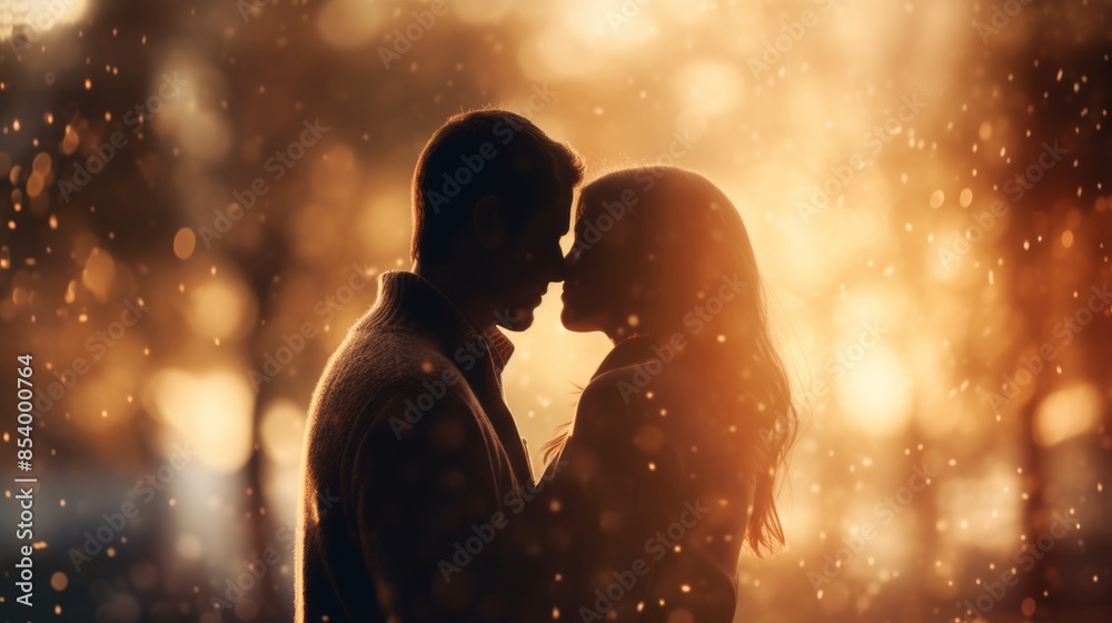 Obraz premium Bokeh lights on a blurred background of a couple kissing