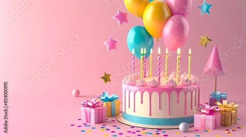 A birthday cake with balloons and presents on a pink background.