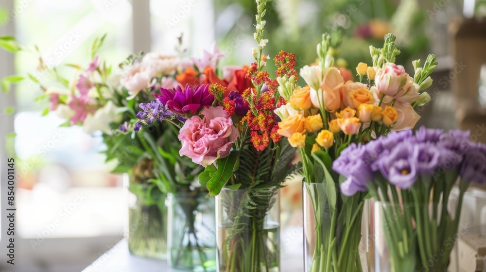 Close-up photo of various vases with colorful flowers, highlighting their vibrant shades and intricate details. Shows the beauty of floral design. Close-up photo of various vases with colorful flowers, highlighting their vibrant shades and intricate details. Shows the beauty of floral design.