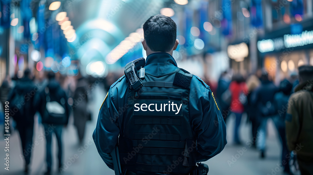 security guard stands watch in a bustling public area, ensuring safety and order. The guard is seen from behind, security written on the back of their uniform. busy and active environment