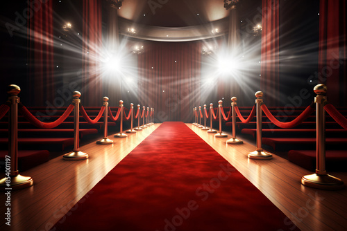 Red carpet, flanked by golden stanchions and ropes, leads to a spotlight, film premiere photo