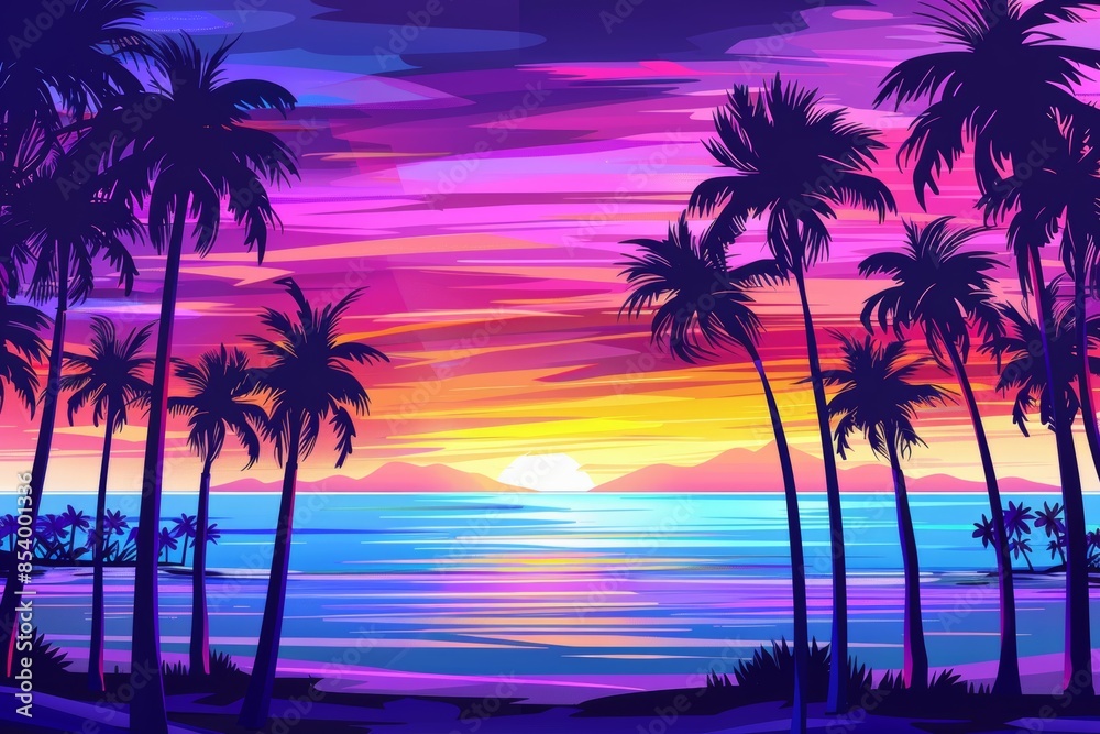 Vibrant tropical sunset with silhouetted palm trees and calm seas