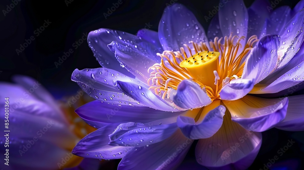 A purple lotus flower with water droplets on it.