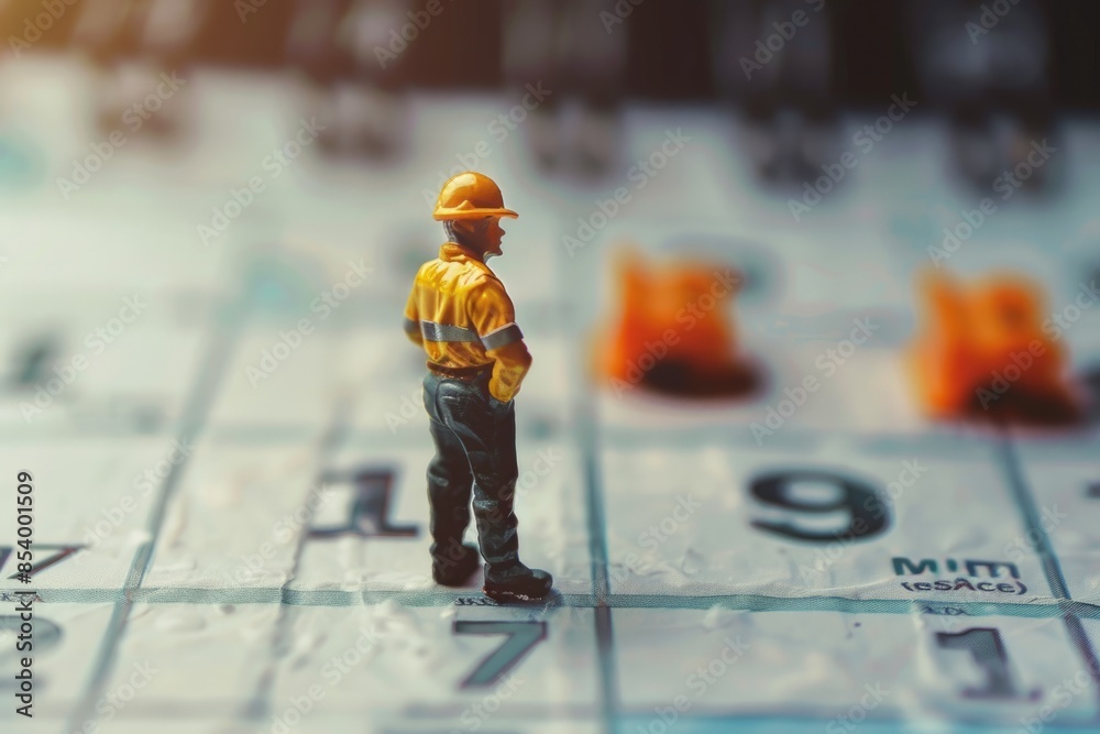 May 1st. Day 1 of month. Miniature worker standing on Calendar. labor days concept. May 1st. Day 1 of month. Miniature worker standing on Calendar. labor days concept.