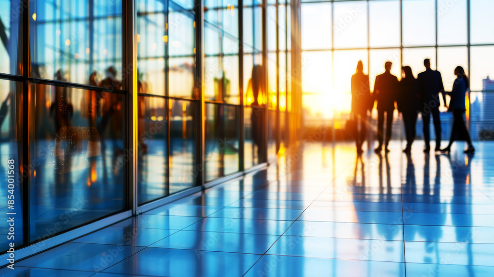 Silhouetted Business People in Modern Office at Sunset Silhouetted Business People in Modern Office at Sunset