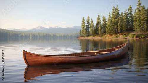 Design of a dark wood canoe with a sleek, streamlined shape and ample storage space, ideal for exploring lakes and rivers.