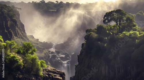 victoria falls, a stunning waterfall surrounded by lush green trees, is captured in this image photo