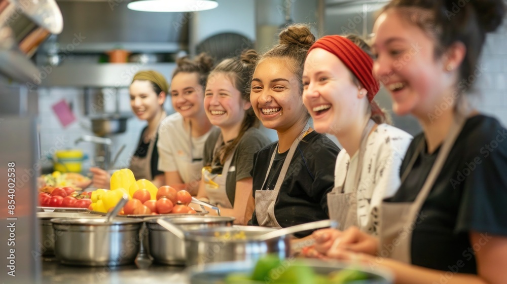 Group of smiling students in cooking class, having so much fun Group of smiling students in cooking class, having so much fun
