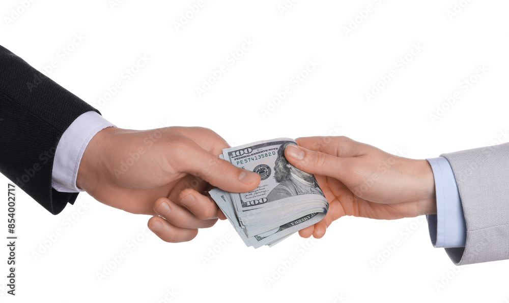 Money exchange. Man giving dollar banknotes to woman on white background, closeup Money exchange. Man giving dollar banknotes to woman on white background, closeup
