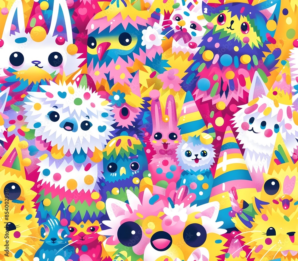Vibrant Pinata Themed Assortment of Adorable Animal Characters in a Cheerful Seamless Pattern Vibrant Pinata Themed Assortment of Adorable Animal Characters in a Cheerful Seamless Pattern