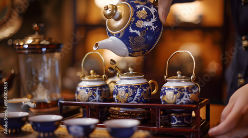 Tea ceremony in a traditional Chinese teahouse, with intricate porcelain tea sets.


 photo