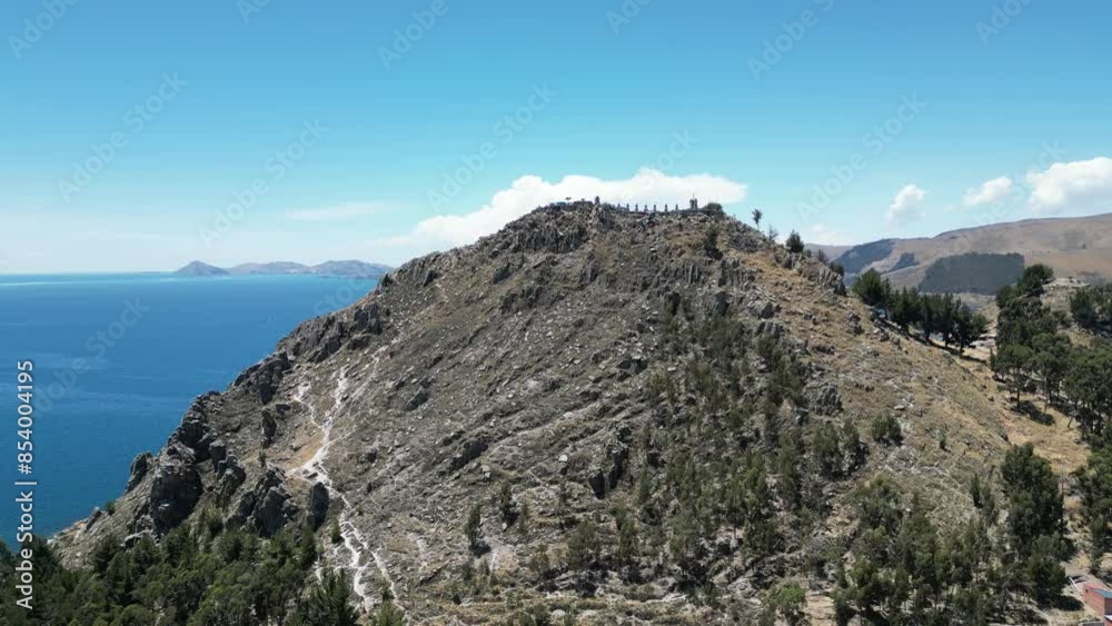 Aerial video over the town of Copacabana on the shoreline of Lake Titicaca, Bolivia