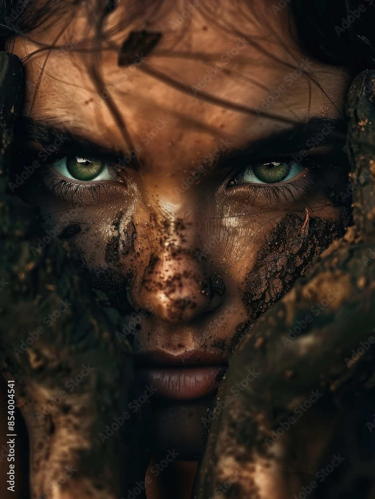 Intense Portrait of Woman with Mud-Covered Face and Piercing Green Eyes Intense Portrait of Woman with Mud-Covered Face and Piercing Green Eyes