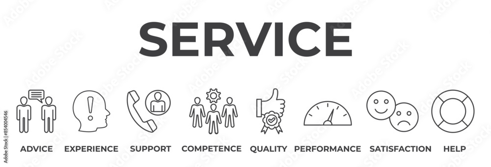 Banner service concept. Advice, experience, support, competence, quality, performance, satisfaction, help. Vector illustration with keywords and icons Banner service concept. Advice, experience, support, competence, quality, performance, satisfaction, help. Vector illustration with keywords and icons