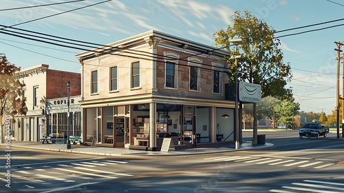 Coffee shop on the corner of the intersection urban street