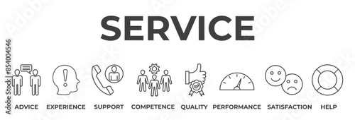 Banner service concept. Advice, experience, support, competence, quality, performance, satisfaction, help. Vector illustration with keywords and icons