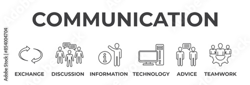 Banner communication concept. Exchange, discussion, information, technology, advice and teamwork. Vector illustration with keywords and icons