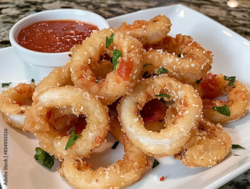 Crispy Golden Fried Calamari Rings Served with Savory Marinara Sauce - Delicious Seafood Delight Crispy Golden Fried Calamari Rings Served with Savory Marinara Sauce - Delicious Seafood Delight
