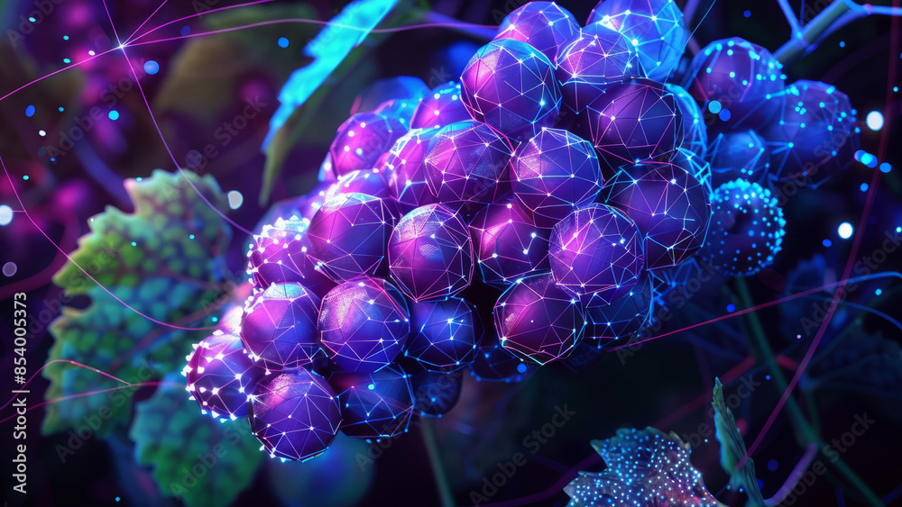 A neon-glowing bunch of grapes surrounded by holographic elements, blending natural beauty with futuristic digital aesthetics in a vibrant cyberpunk environment.
A neon-glowing bunch of grapes surrounded by holographic elements, blending natural beauty with futuristic digital aesthetics in a vibrant cyberpunk environment.