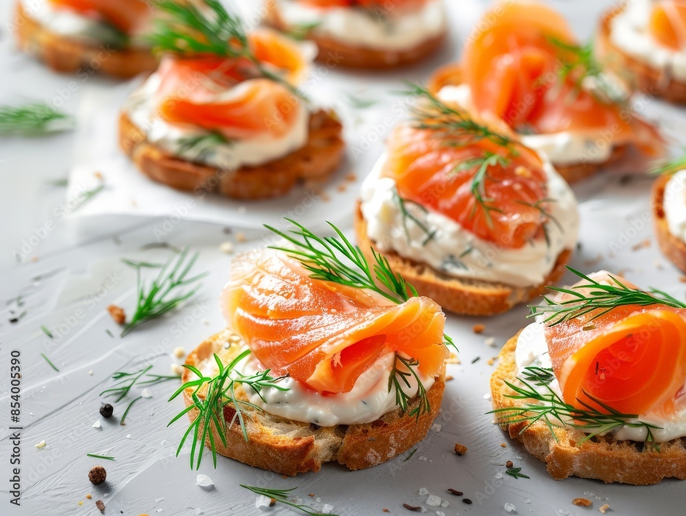 Gourmet Delight: Stylish Smoked Salmon Canapes Garnished with Fresh Dill Gourmet Delight: Stylish Smoked Salmon Canapes Garnished with Fresh Dill