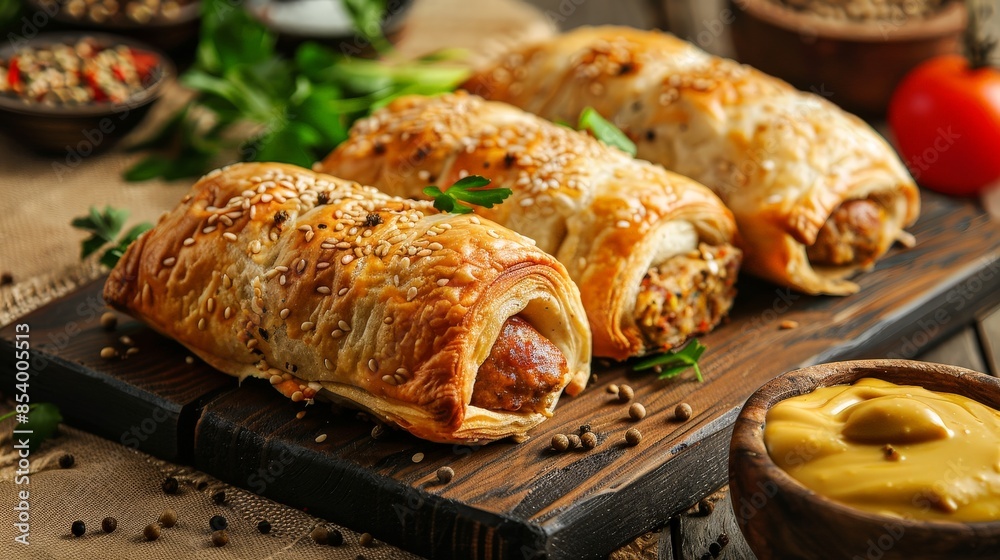 Delicious Savory Sausage Rolls with Zesty Mustard Dip for Appetizers or Snacks Delicious Savory Sausage Rolls with Zesty Mustard Dip for Appetizers or Snacks