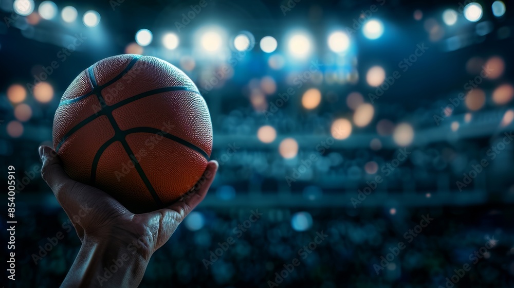 A hand holding a basketball under bright stadium lights, with a blurred audience in the background, capturing the excitement of the game.