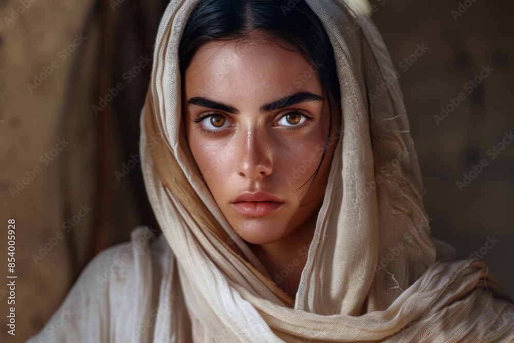 Intense gaze of a young caucasian woman in traditional headscarf Intense gaze of a young caucasian woman in traditional headscarf