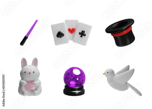 3D magician's set: crystal ball, a top hat, a magic wand, a rabbit, a pigeon