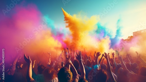 Holi color powder explosion bright colorful rainbow with people dancing and celebrating. photo