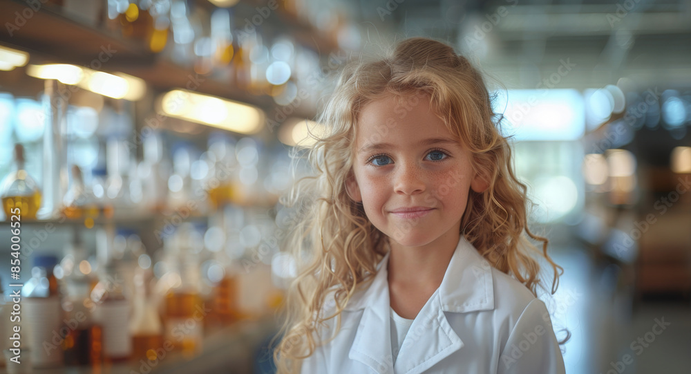 A young girl with blonde curly hair smiles while wearing a lab coat in a science laboratory. A young girl with blonde curly hair smiles while wearing a lab coat in a science laboratory.