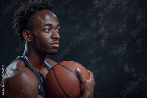 Focused basketball player holding ball in studio, displaying determination and strength.