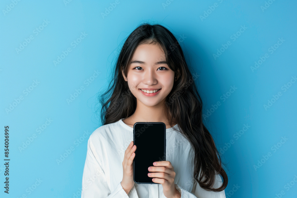 An Asian lady showing blank mockup phone screen to the camera. An Asian lady showing blank mockup phone screen to the camera.