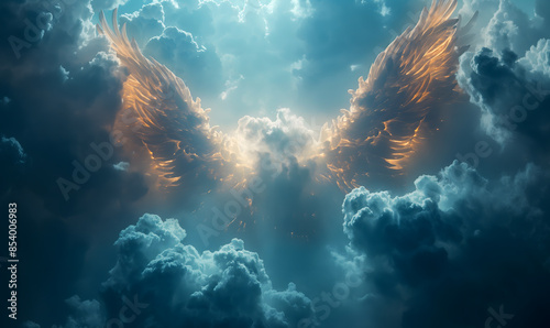 Majestic Angel Wings Soaring High Above the Clouds in a Radiant Sky photo