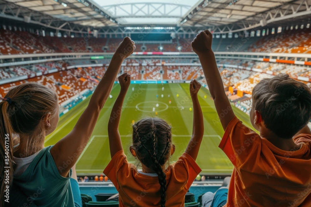 Family cheering with raised hands, watching football match at stadium Family cheering with raised hands, watching football match at stadium