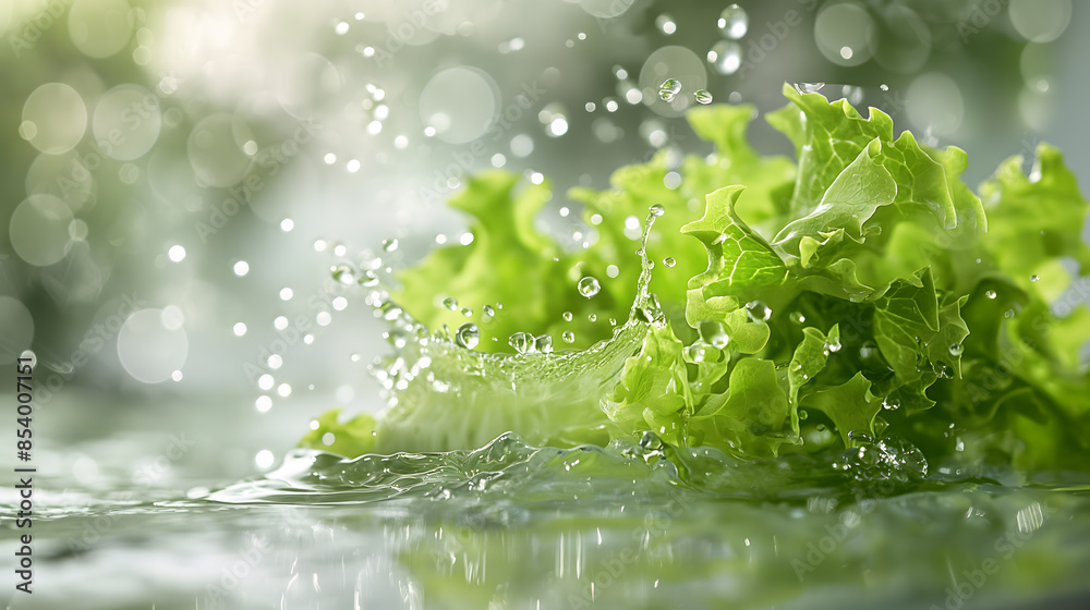 Fresh Lettuce Leaves Splashing in Water with Bokeh Background Fresh Lettuce Leaves Splashing in Water with Bokeh Background