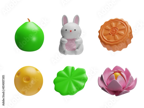 Set 3D vector icons mid-autumn festival: a lotus, a rabbit and a moon cake