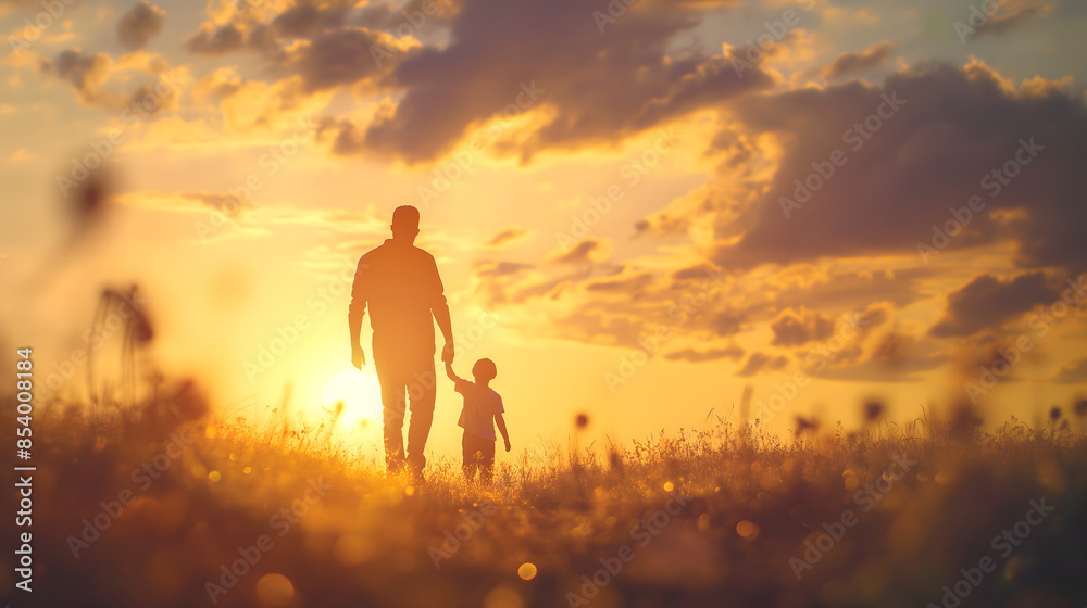 Silhouettes of Father and Children at Sunset in Field Silhouettes of Father and Children at Sunset in Field