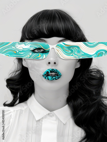 Surreal Portrait of Woman with Turquoise Patterned Eyes and Lips