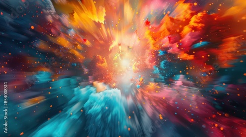A dynamic image depicting a burst of colorful ideas and concepts emerging from a central point. The image uses a zoom burst effect to create a sense of movement and energy, symbolizing the rapid
