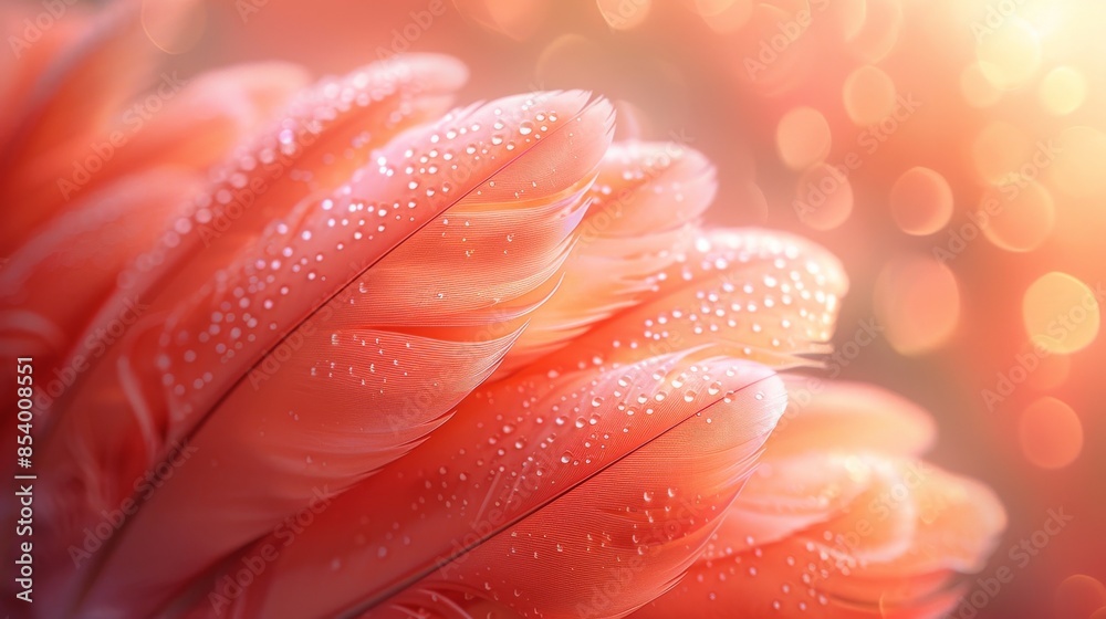 Vibrant red feathers covered in fine water droplets create a textured surface, enhanced by warm, soft bokeh lights in the background Vibrant red feathers covered in fine water droplets create a textured surface, enhanced by warm, soft bokeh lights in the background