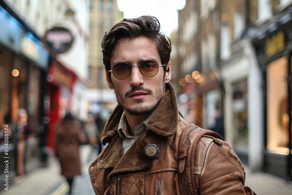 A stylish man walks down a busy London street, wearing a brown leather jacket and sunglasses. A stylish man walks down a busy London street, wearing a brown leather jacket and sunglasses.