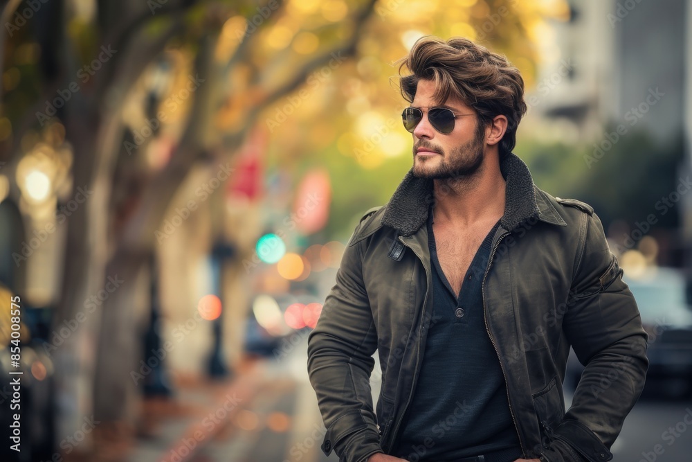 Fototapeta premium A stylish man in a leather jacket walks down a city street with an autumnal backdrop.