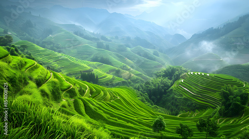 Lush green rice terraces cascading down the hillsides in southern China.