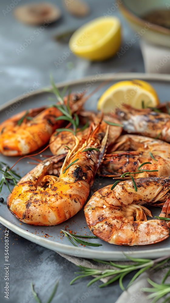 Grilled Spicy Shrimp with Lemon and Herbs on a Plate Grilled Spicy Shrimp with Lemon and Herbs on a Plate